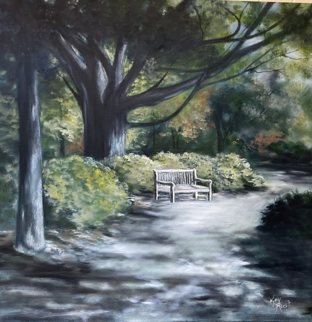 Painting of a bench in a forest