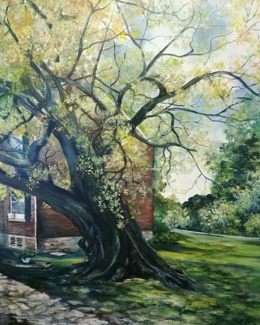 Portrait painting of trees with yellow flowers