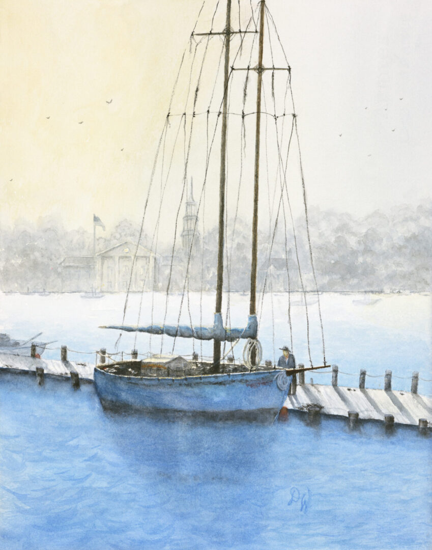 A watercolor painting of a sailboat docked at a dock.