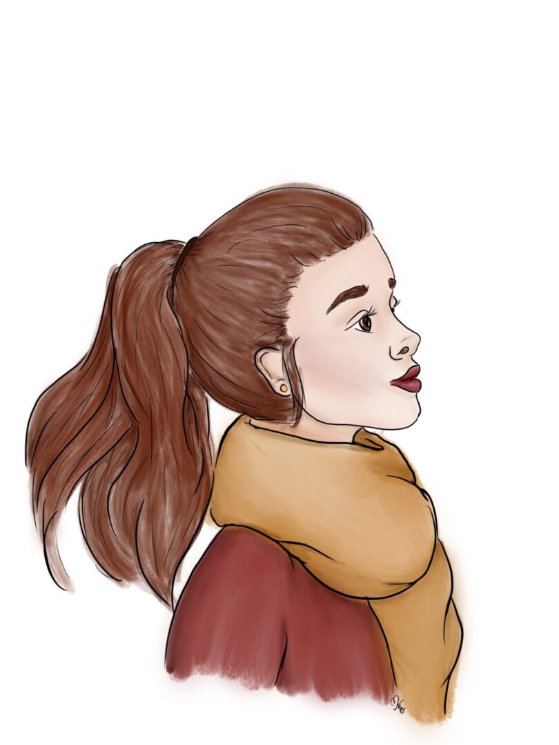A drawing of a girl wearing a scarf.