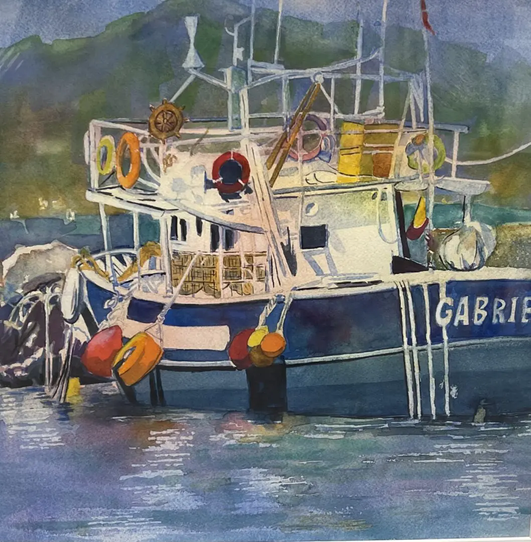 A watercolor painting of a fishing boat.