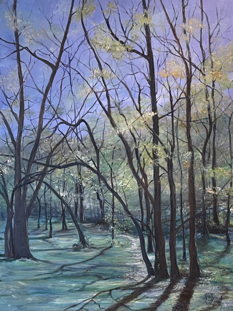 A painting of a wooded area with trees.