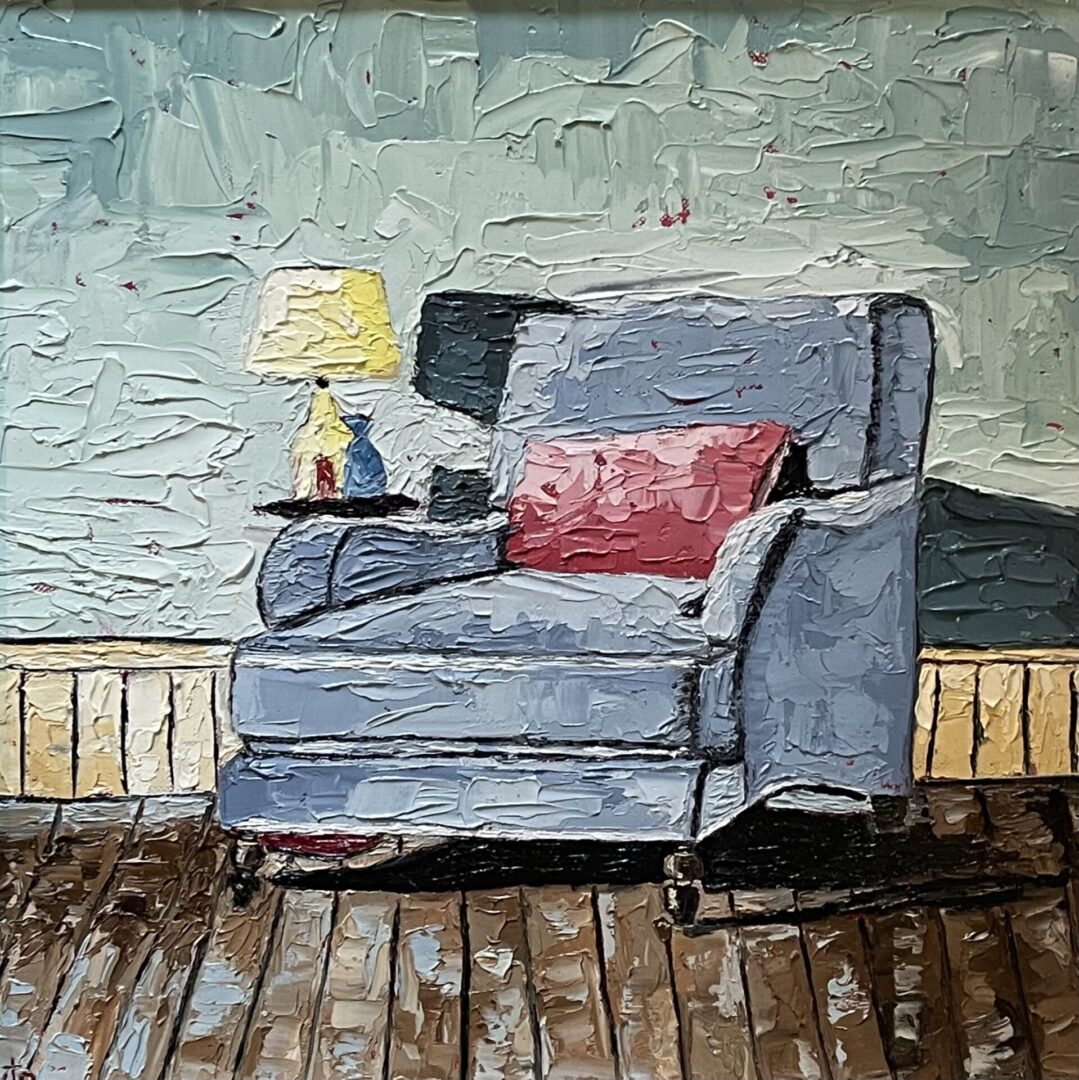 A painting of a blue chair next to a lamp.