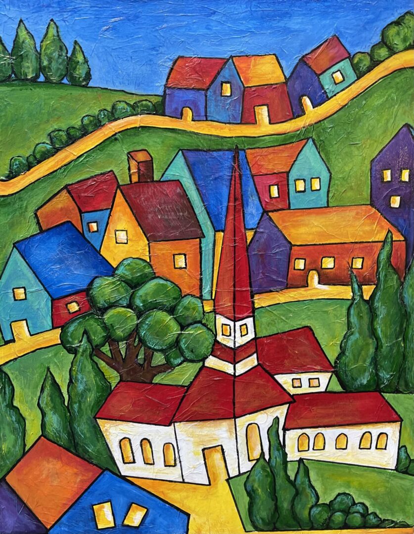 A painting of a colorful village with houses and a church.