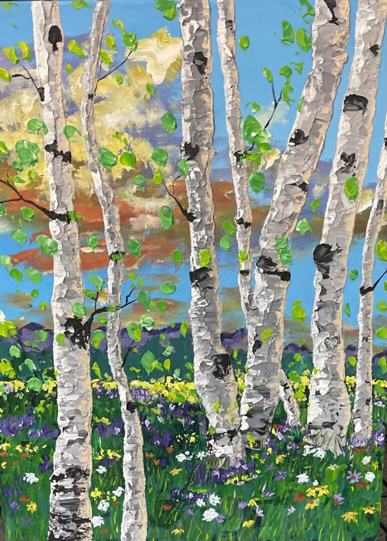 A painting of birch trees and flowers.