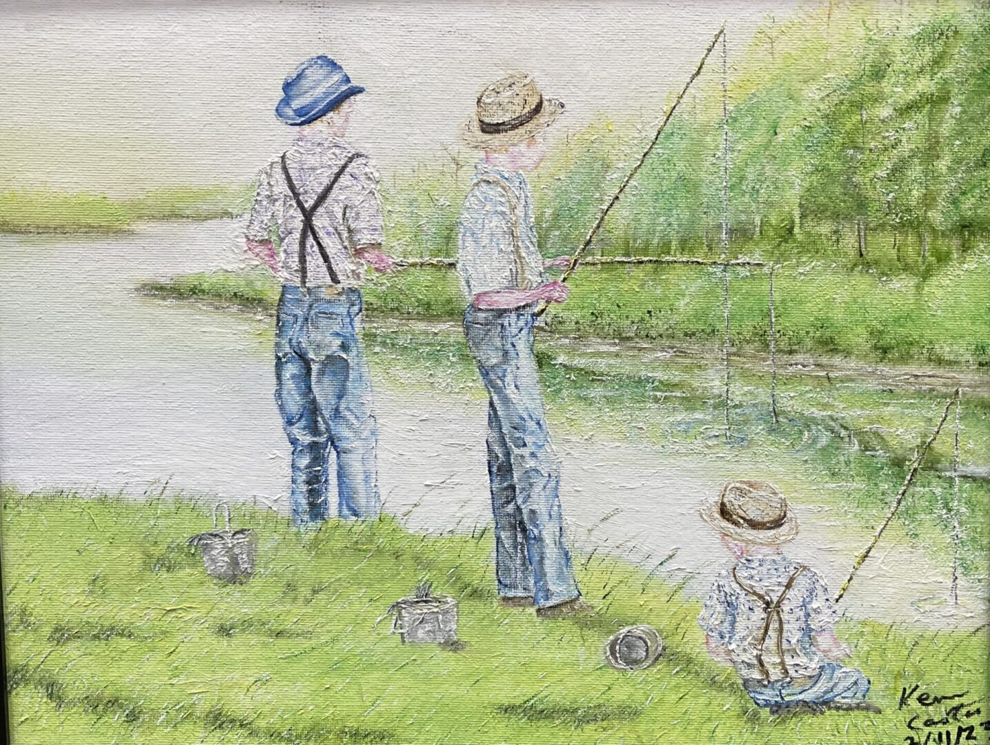 A painting of three boys fishing in a river.