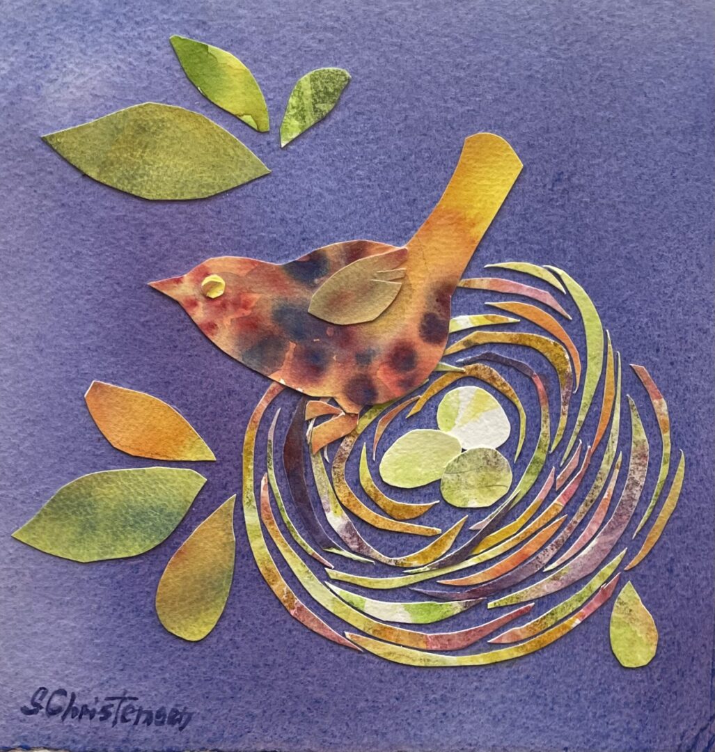 A watercolor painting of a bird in a nest.