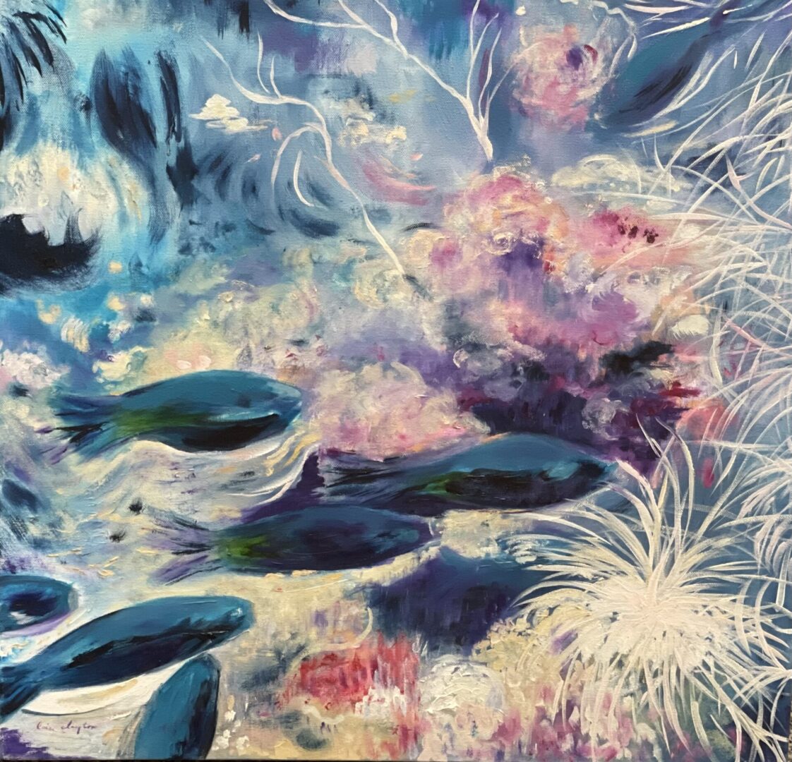 A painting of fish swimming in a blue and purple sea.