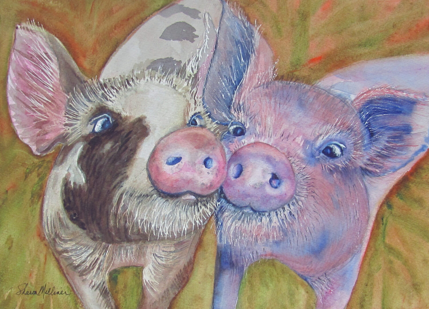 A painting of two pigs looking at each other.