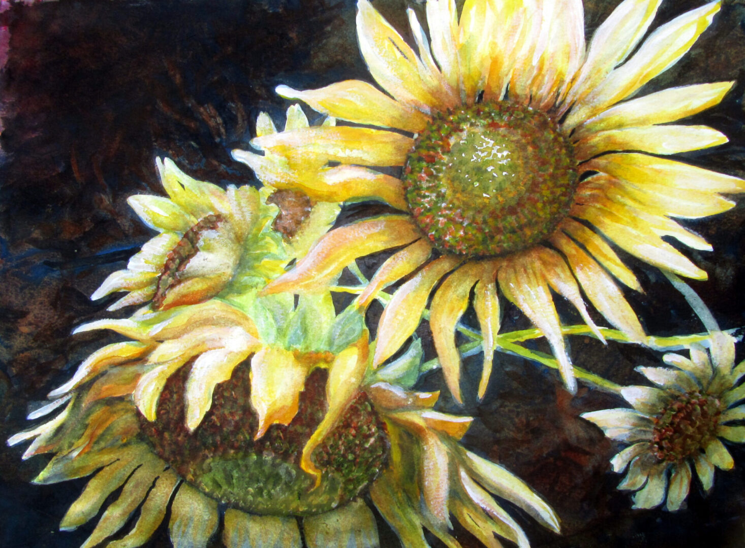 A painting of sunflowers on a dark background.