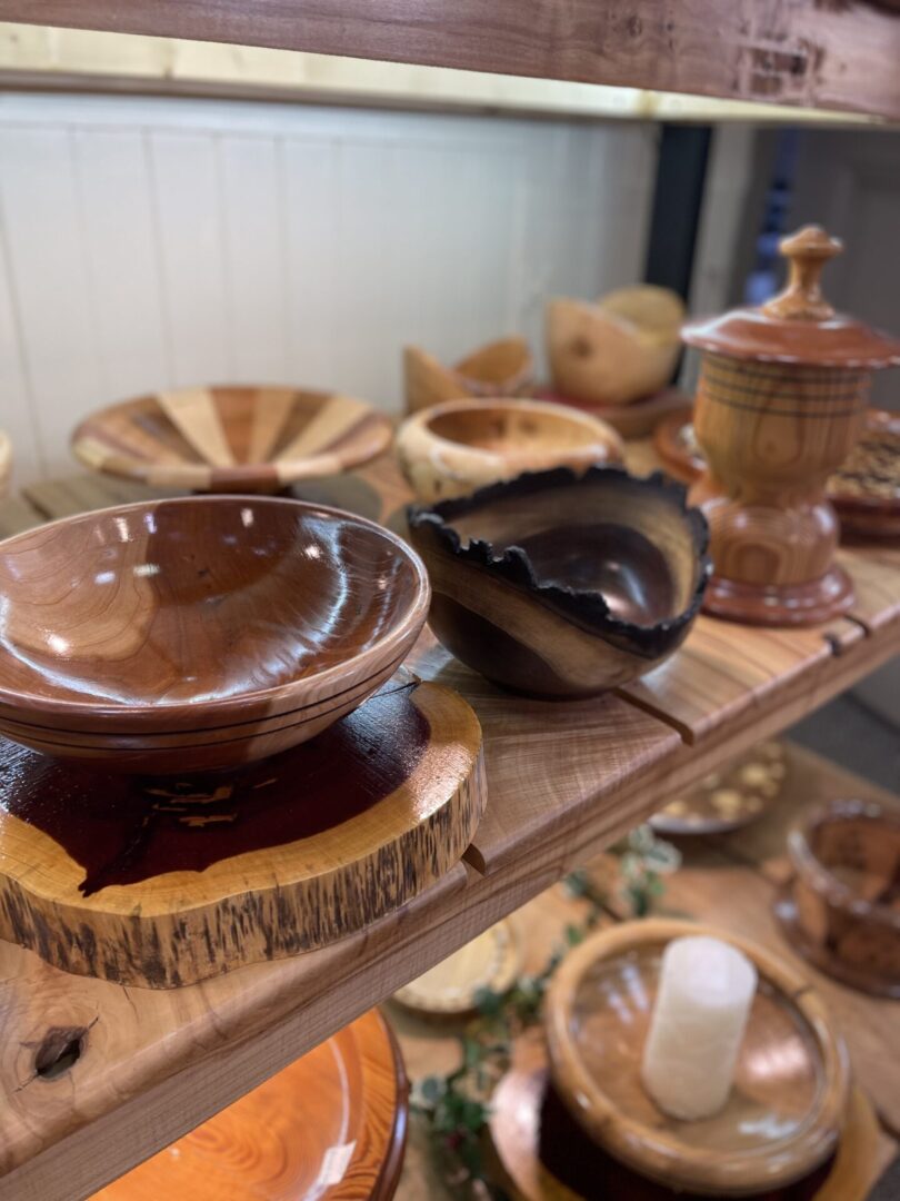 Handcrafted wooden bowls on display.